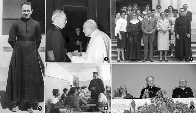 1 - Padre Serafim retornou ao Brasil e foi pároco em Gouveia (1951 a 1956) e Curvelo (1957 a 1958);  2- Dom Serafim e o Papa João Paulo II; 3 - Dom Serafim com seus pais e irmãos em frente à igreja matriz de Diamantina, onde foi ordenado bispo em 1959; 4 - Restaurante da UCMG em 1º/10/1967; 5 - Solenidade de entrega do título Doutor Honoris Causa à Dom João Resende Costa 20/11/1998 | Fotos: Acervo do Centro de Memória da PUC Minas